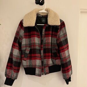 Wild Fable Black Plaid Jacket with Shearling Collar